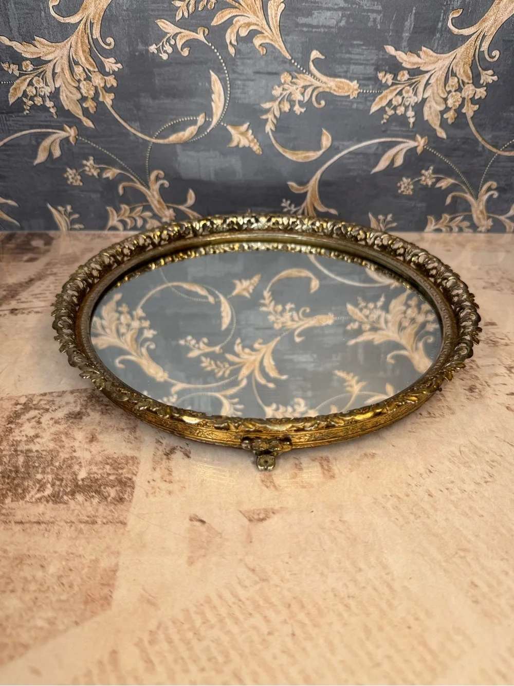 Vintage Round Gold Filigree Mirrored Vanity Tray Hollywood Regency 9 Inch